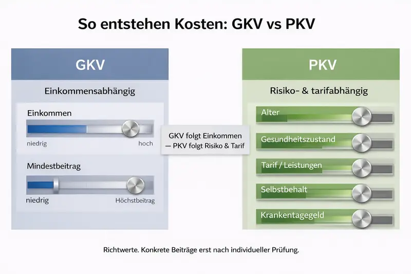 Grafik: GKV einkommensabhängig mit Mindest/Höchstbeitrag vs PKV abhängig von Alter, Gesundheit, Tarif.