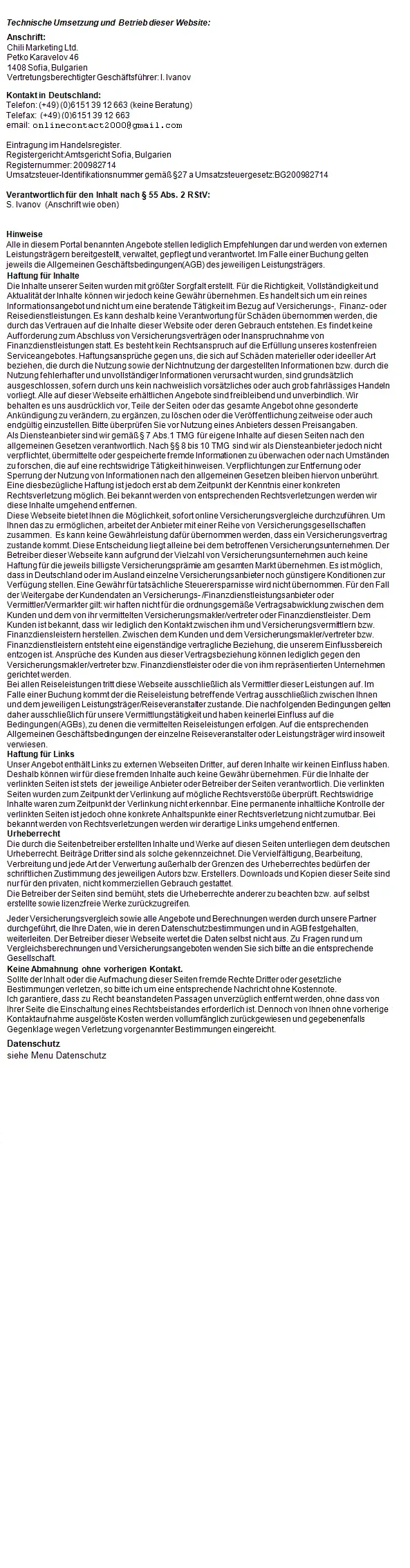 Technische Umsetzung und Betrieb dieser Website, Hinweise, Haftung für Links, Urheberrecht, Datenschutz