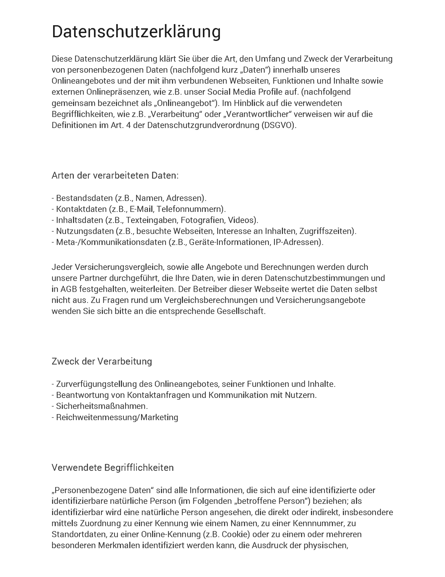 Datenschutzerklärung Seite 1 - Arten der verarbeiteten Daten, Zweck der Verarbeitung