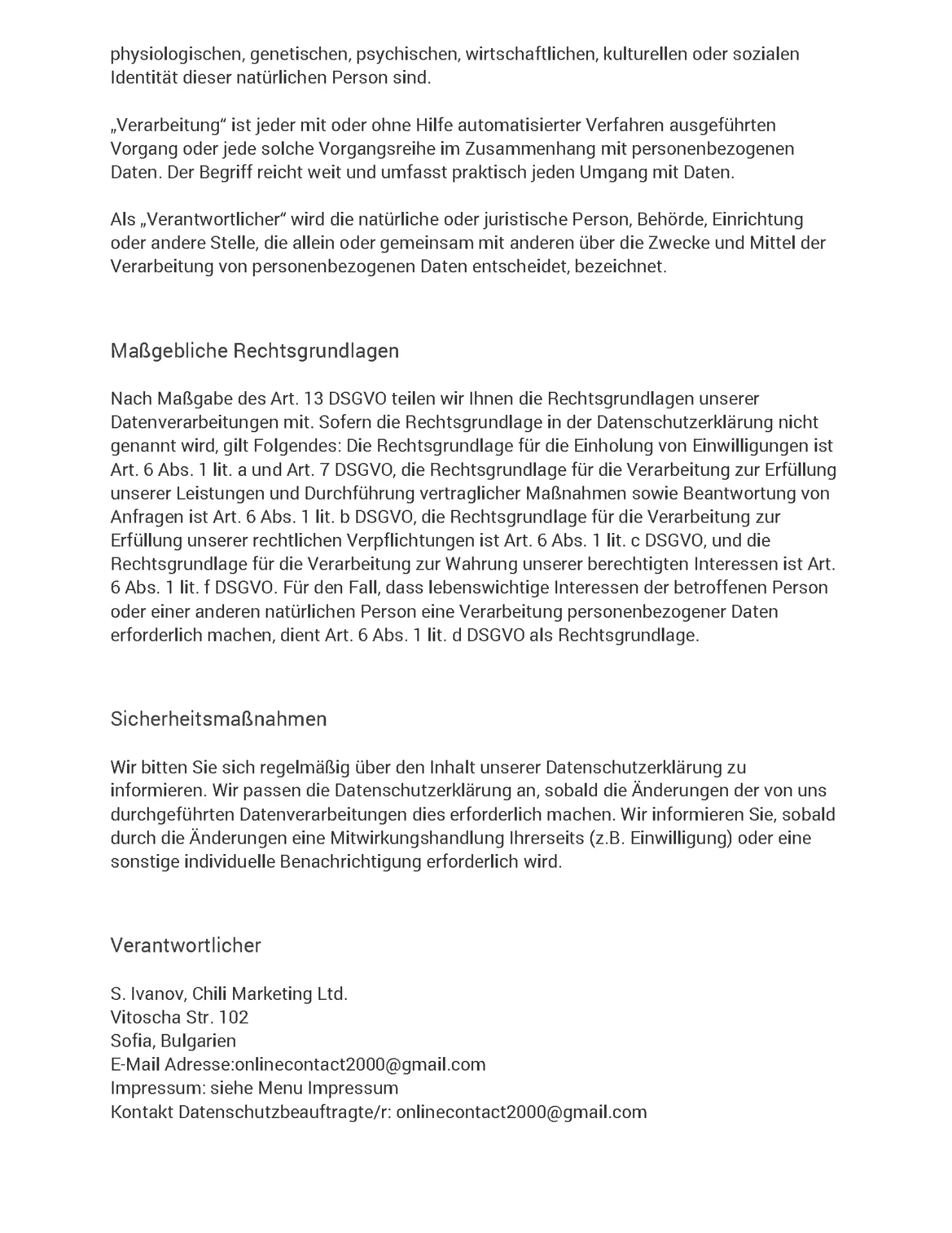 Datenschutzerklärung Seite 2 - Maßgebliche Rechtsgrundlagen, Sicherheitsmaßnahmen