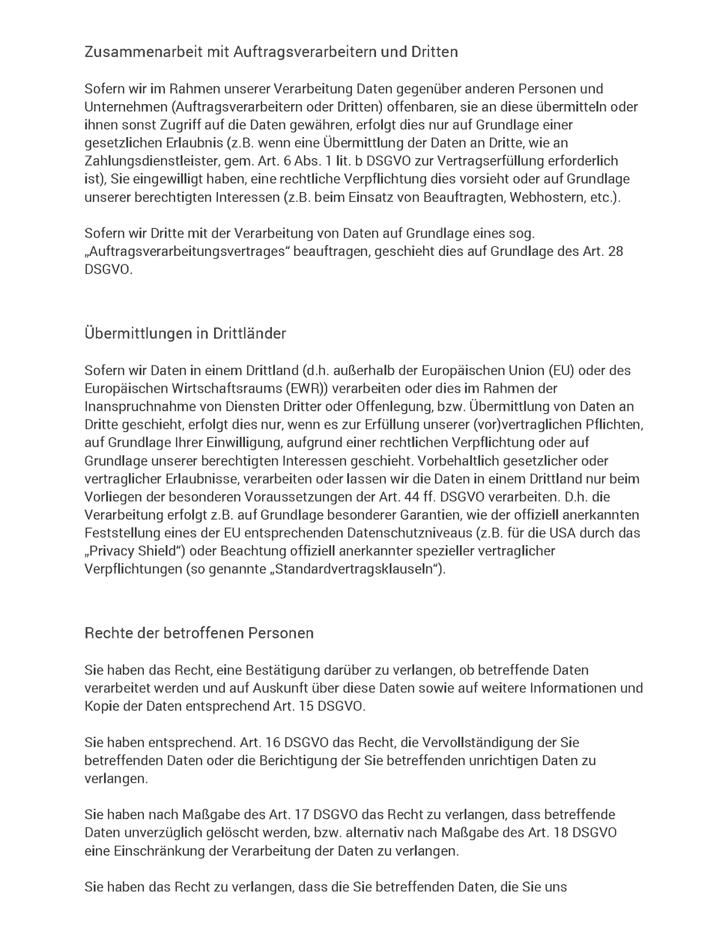 Datenschutzerklärung Seite 3 - Zusammenarbeit mit Auftragsverarbeitern, Übermittlungen in Drittländer