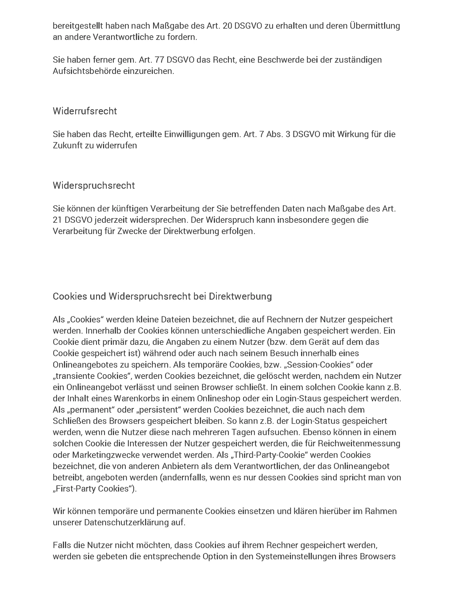 Datenschutzerklärung Seite 4 - Widerrufsrecht, Widerspruchsrecht, Cookies