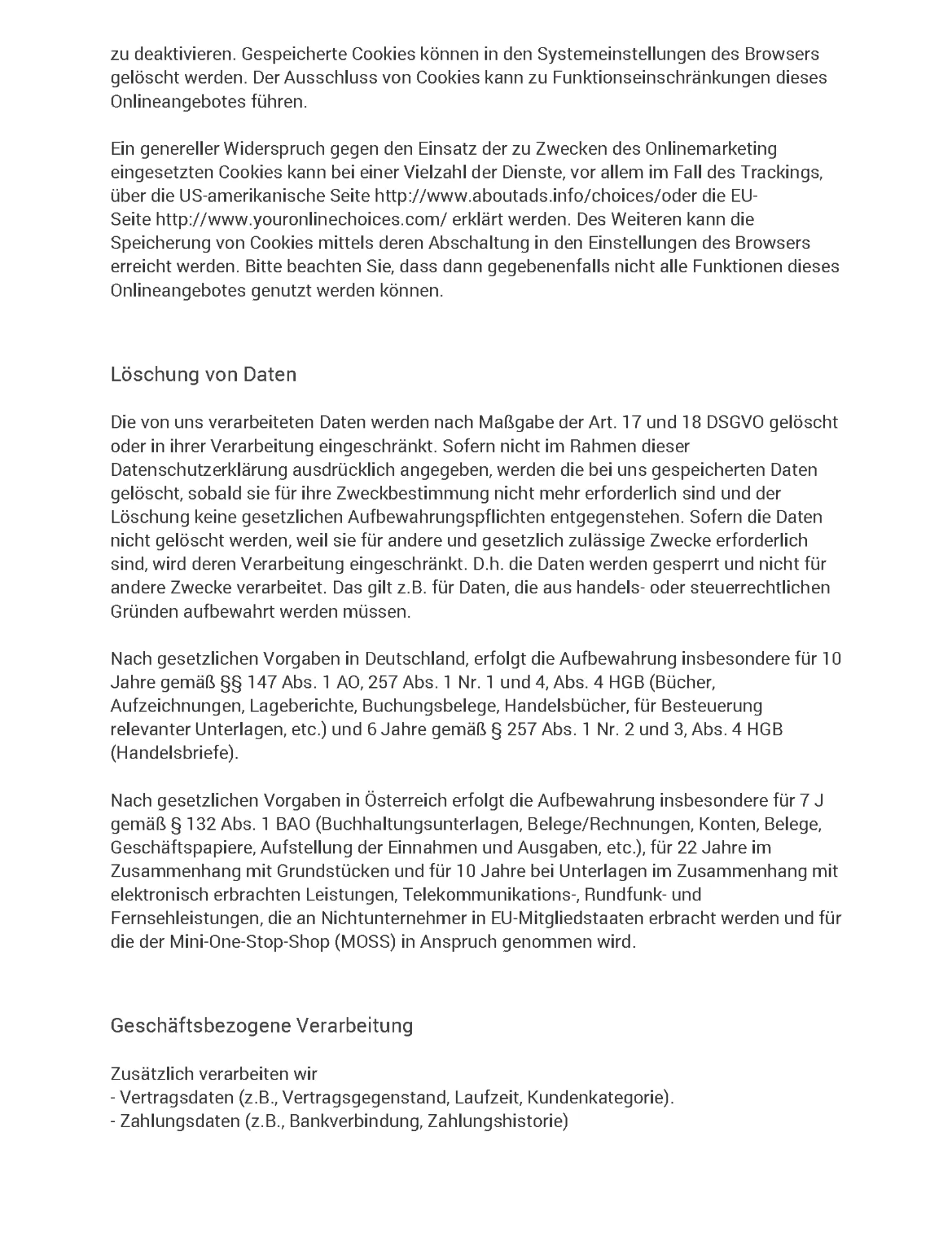 Datenschutzerklärung Seite 5 - Löschung von Daten, Geschäftsbezogene Verarbeitung