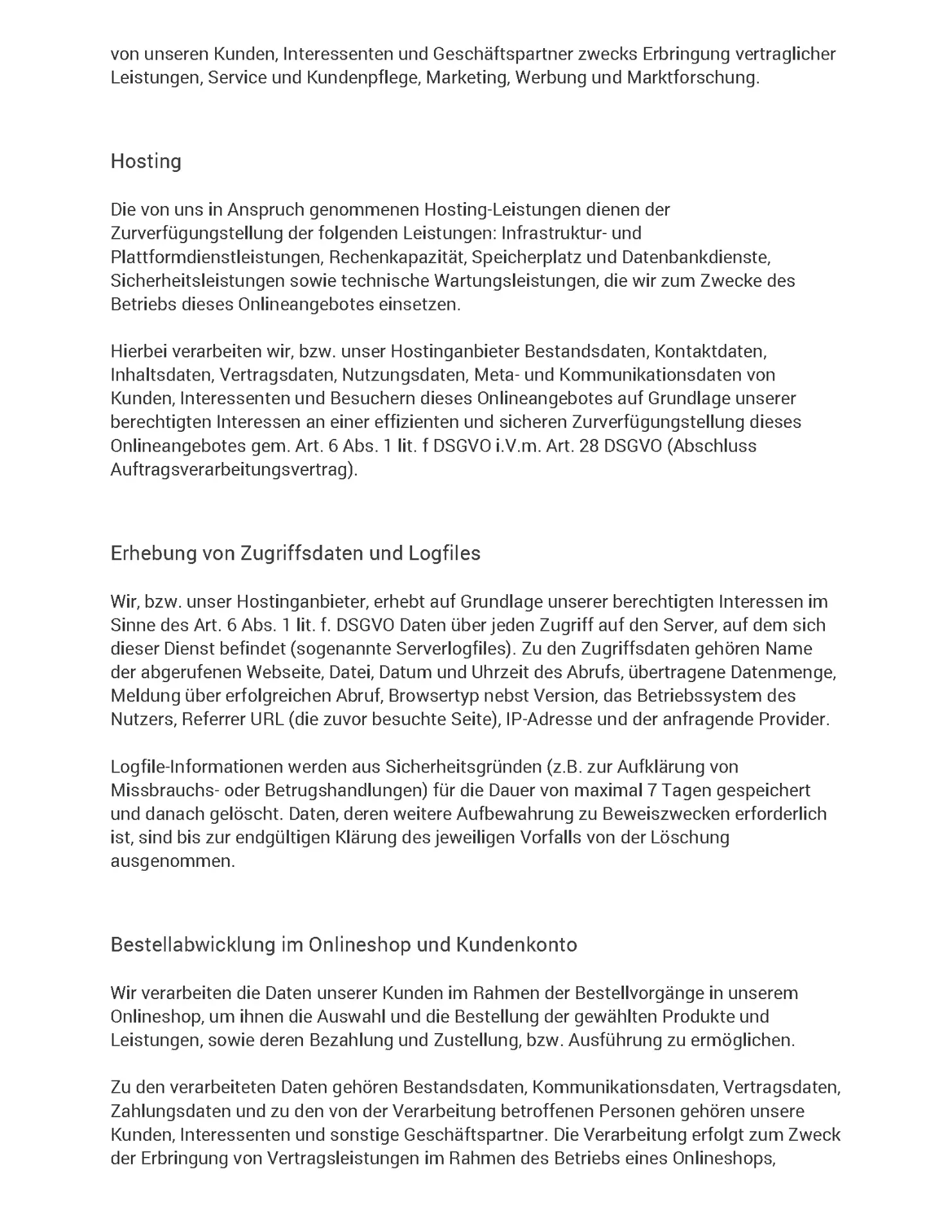 Datenschutzerklärung Seite 6 - Hosting, Erhebung von Zugriffsdaten und Logfiles