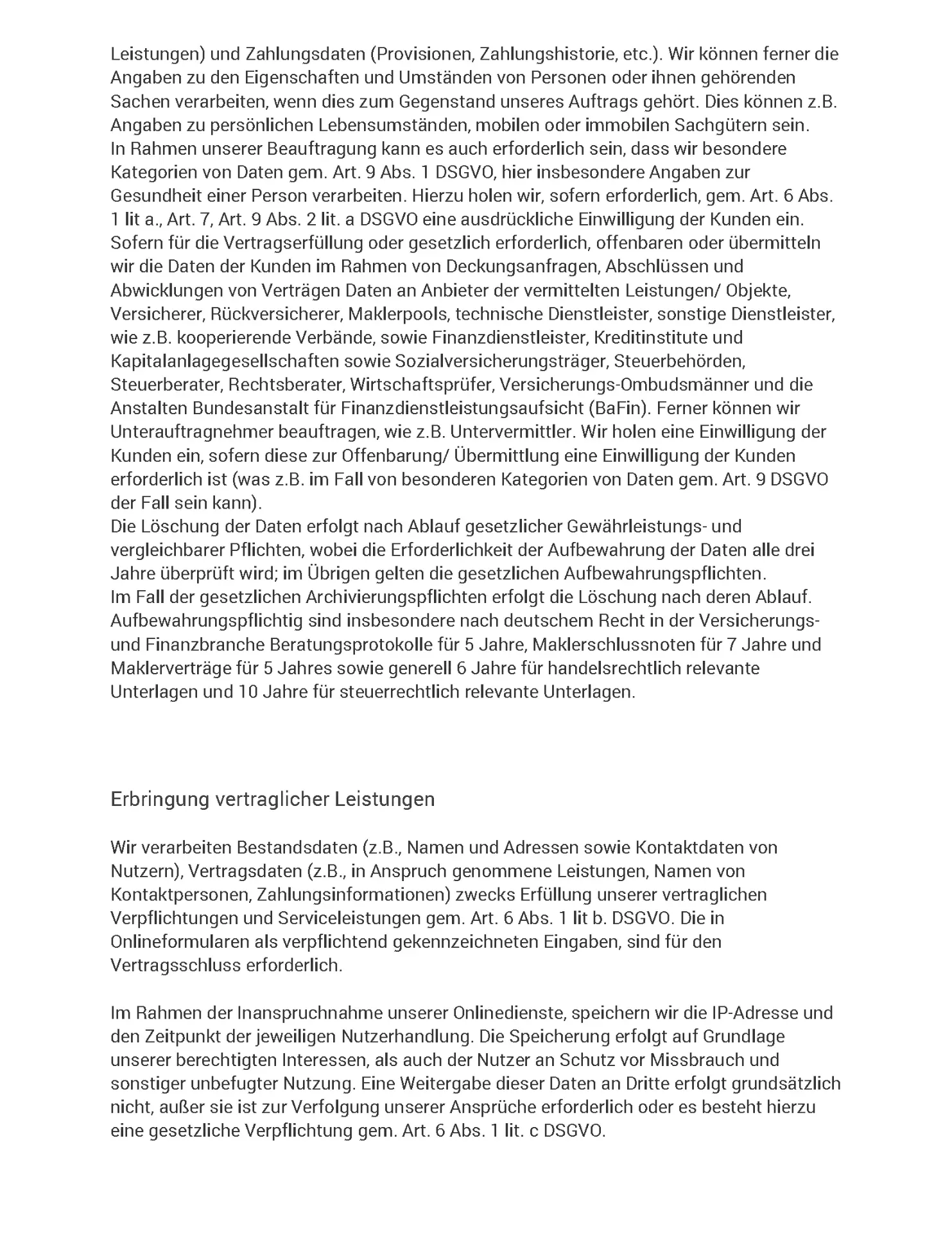 Datenschutzerklärung Seite 8 - Erbringung vertraglicher Leistungen