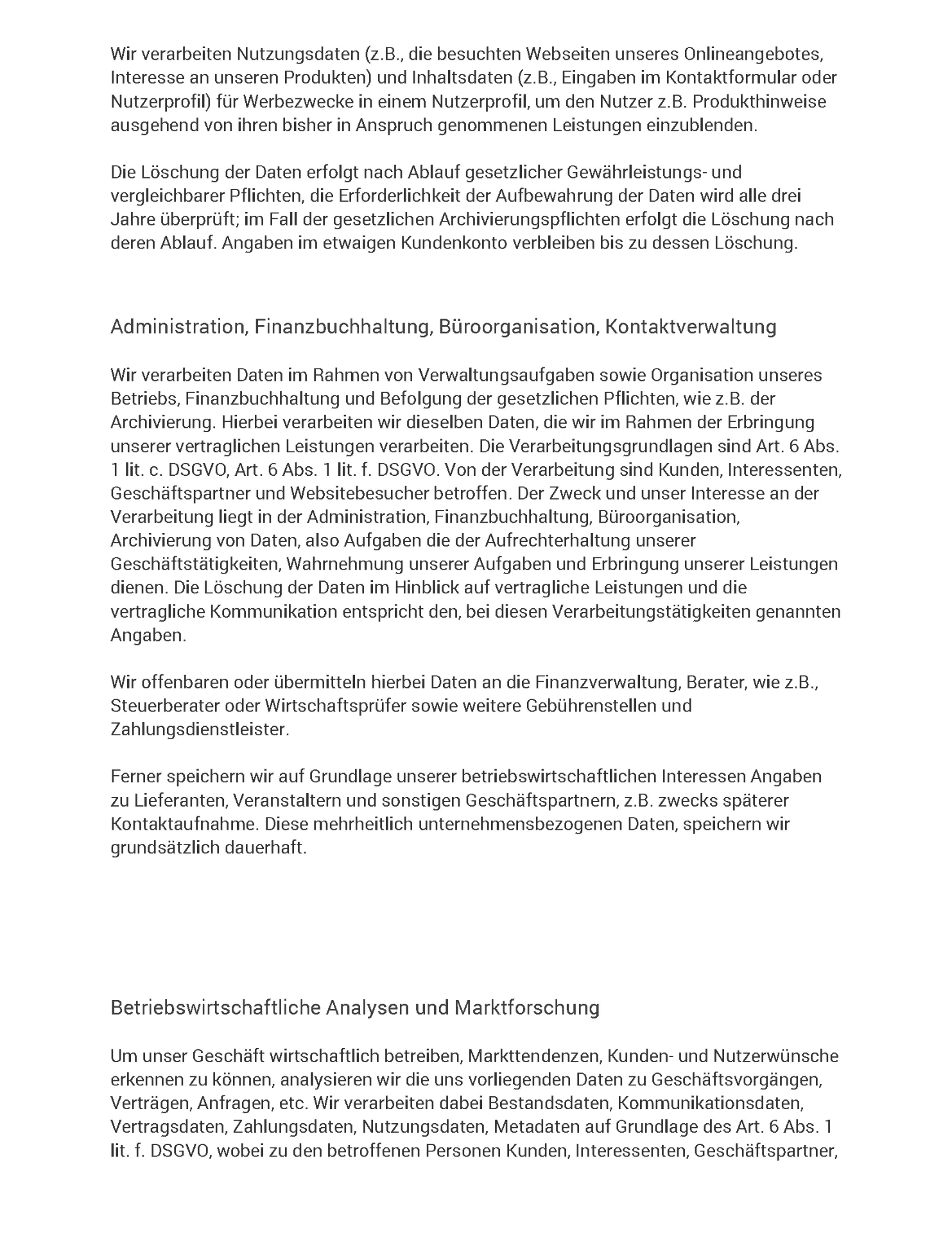 Datenschutzerklärung Seite 9 - Administration, Betriebswirtschaftliche Analysen