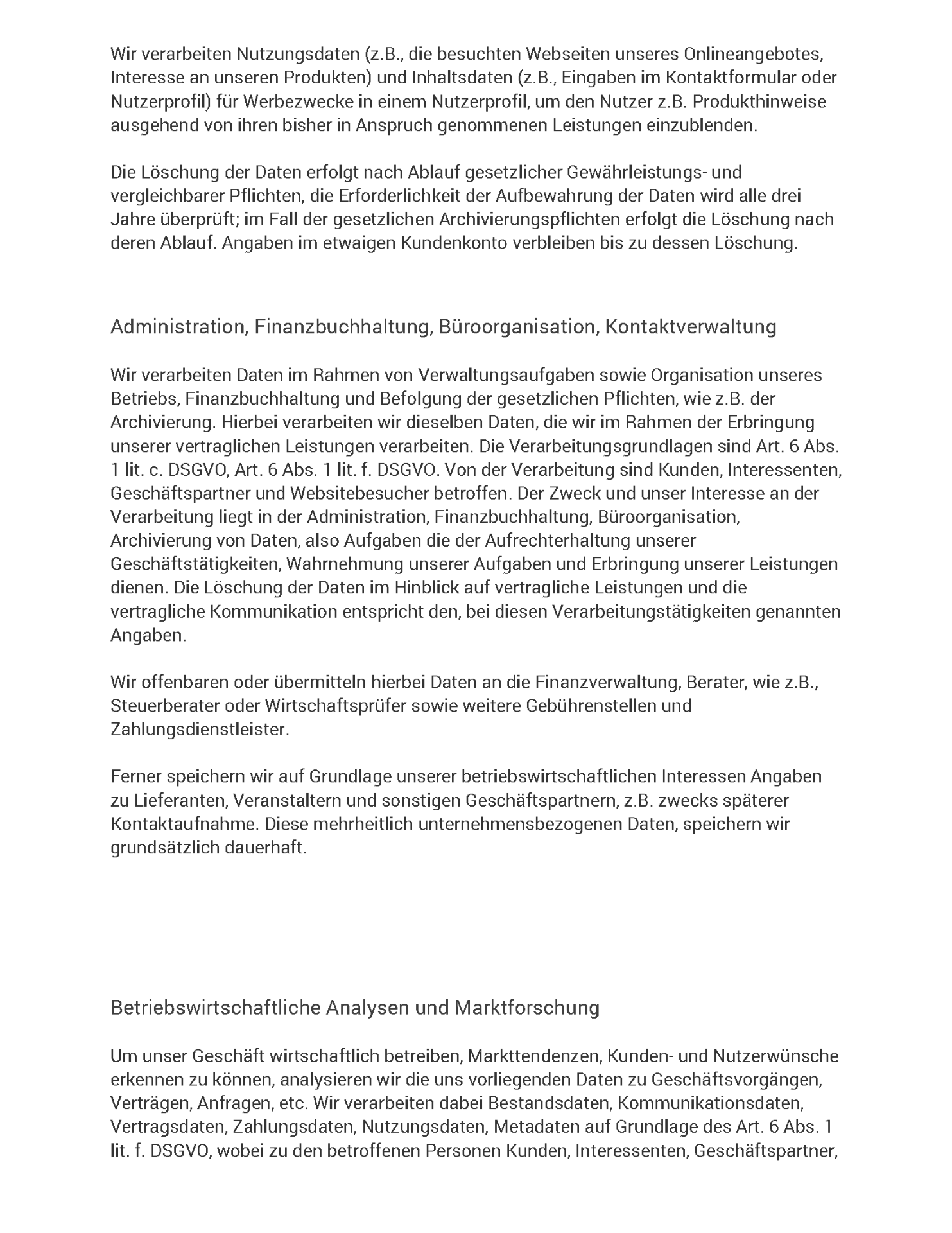 Datenschutzerklärung Seite 9 - Administration, Betriebswirtschaftliche Analysen