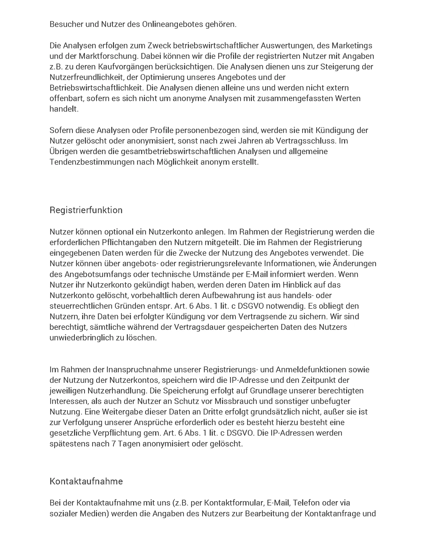 Datenschutzerklärung Seite 10 - Registrierfunktion, Kontaktaufnahme