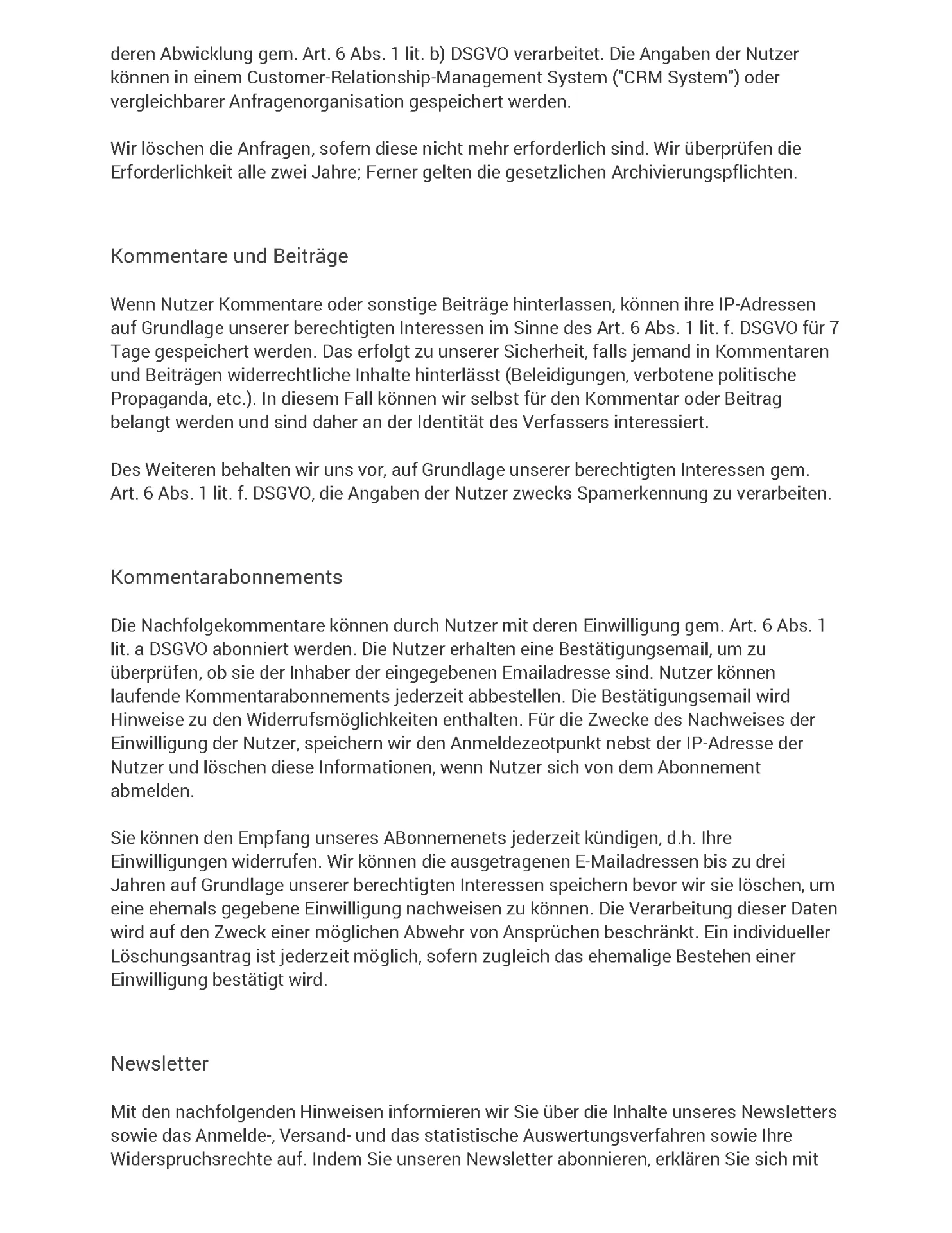 Datenschutzerklärung Seite 11 - Kommentare und Beiträge, Kommentarabonnements