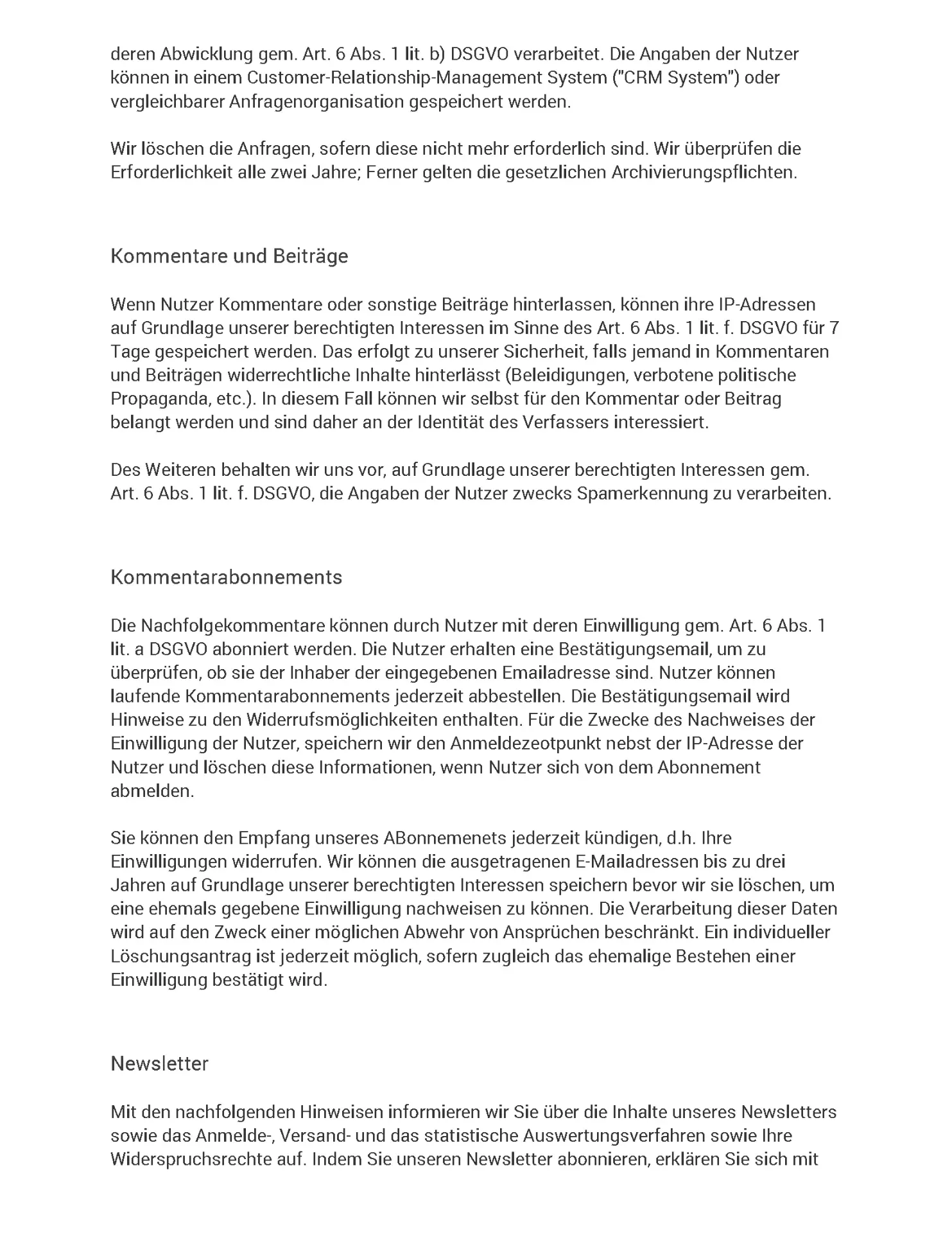 Datenschutzerklärung Seite 11 - Kommentare und Beiträge, Kommentarabonnements