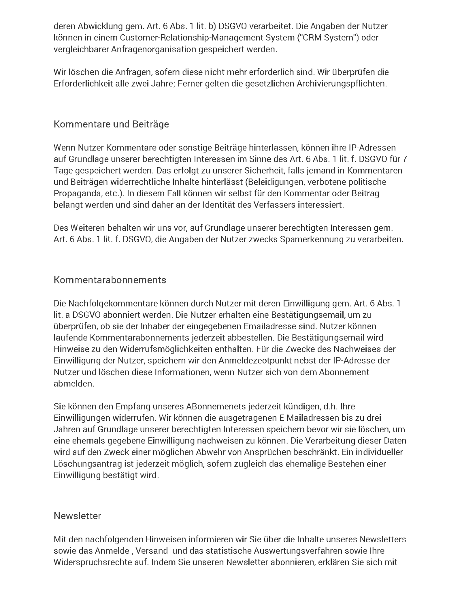 Datenschutzerklärung Seite 11 - Kommentare und Beiträge, Kommentarabonnements