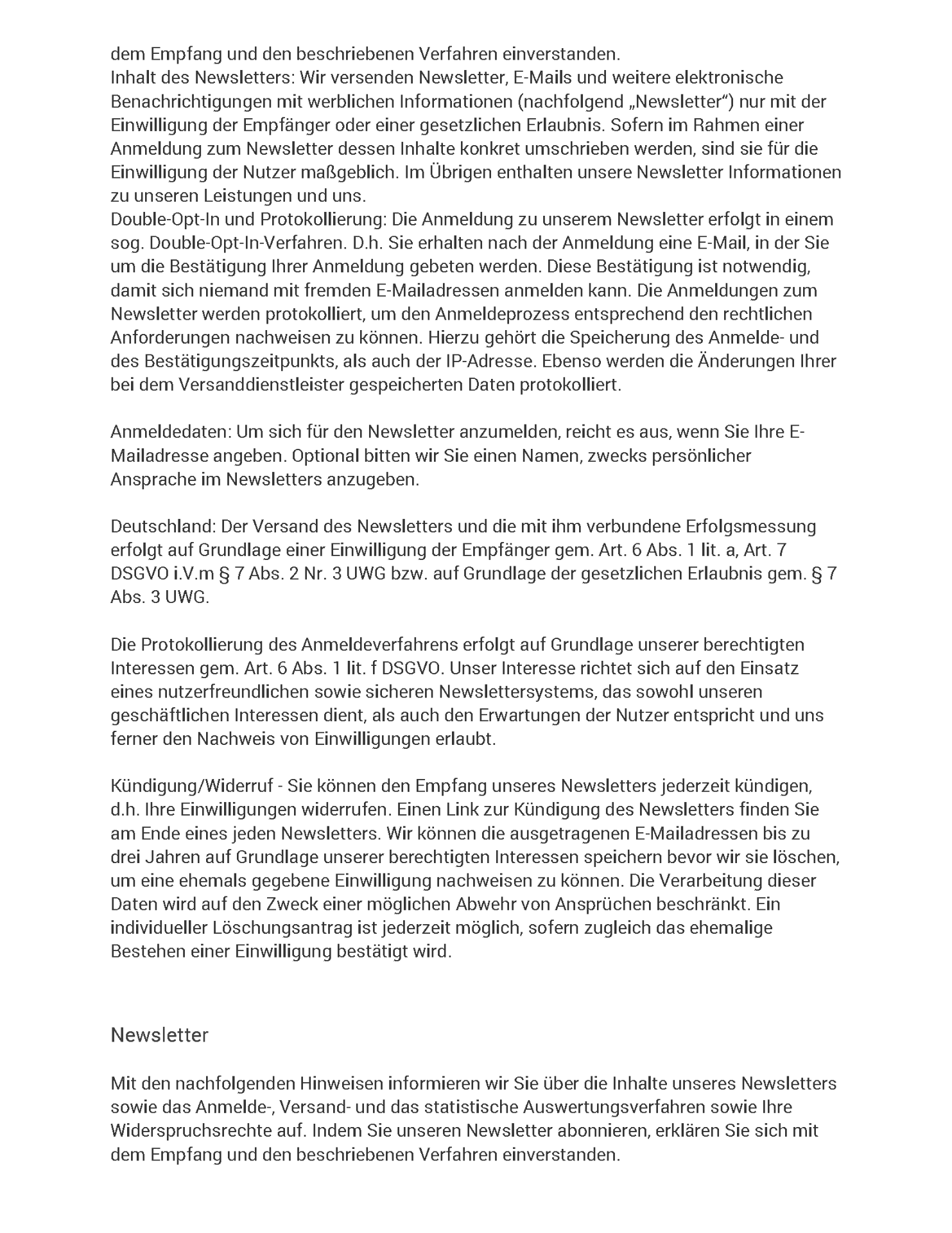 Datenschutzerklärung Seite 12 - Newsletter Informationen