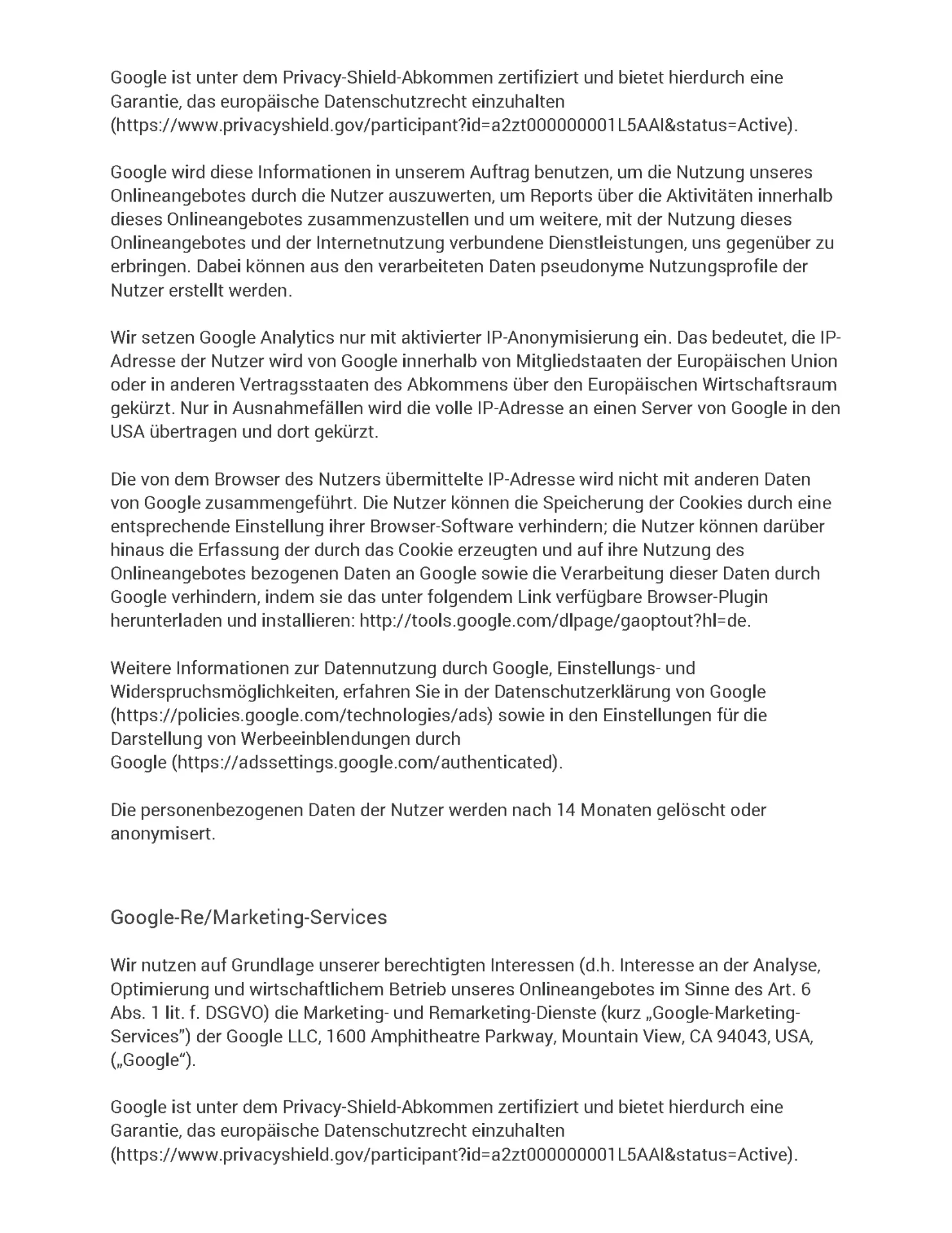 Datenschutzerklärung Seite 15 - Google Analytics Details