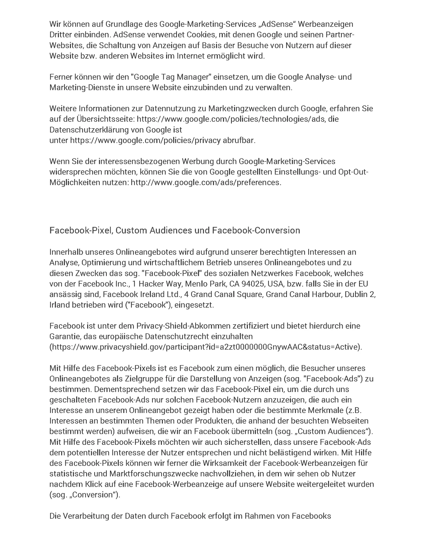 Datenschutzerklärung Seite 17 - Facebook-Pixel, Custom Audiences