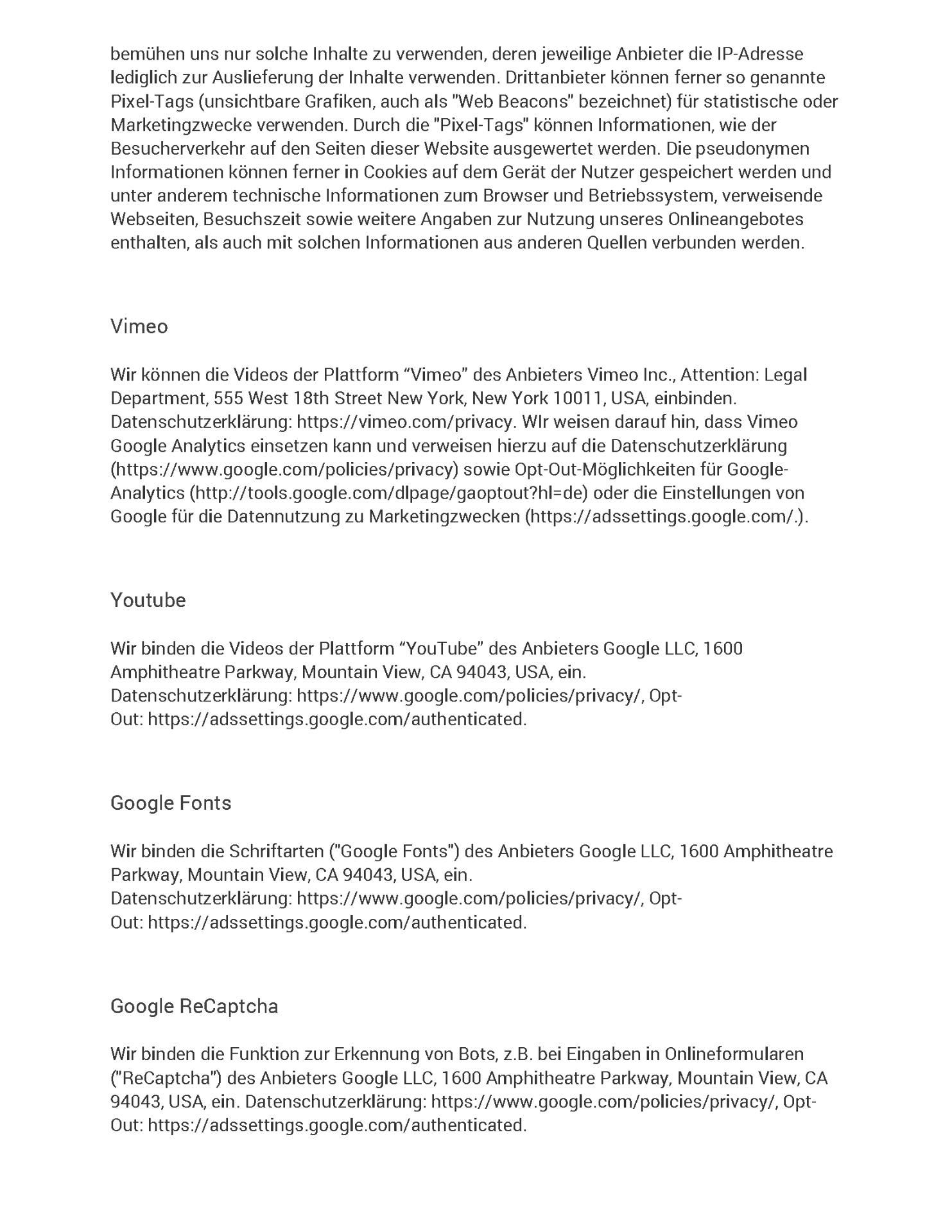 Datenschutzerklärung Seite 19 - Vimeo, Youtube, Google Fonts, Google ReCaptcha