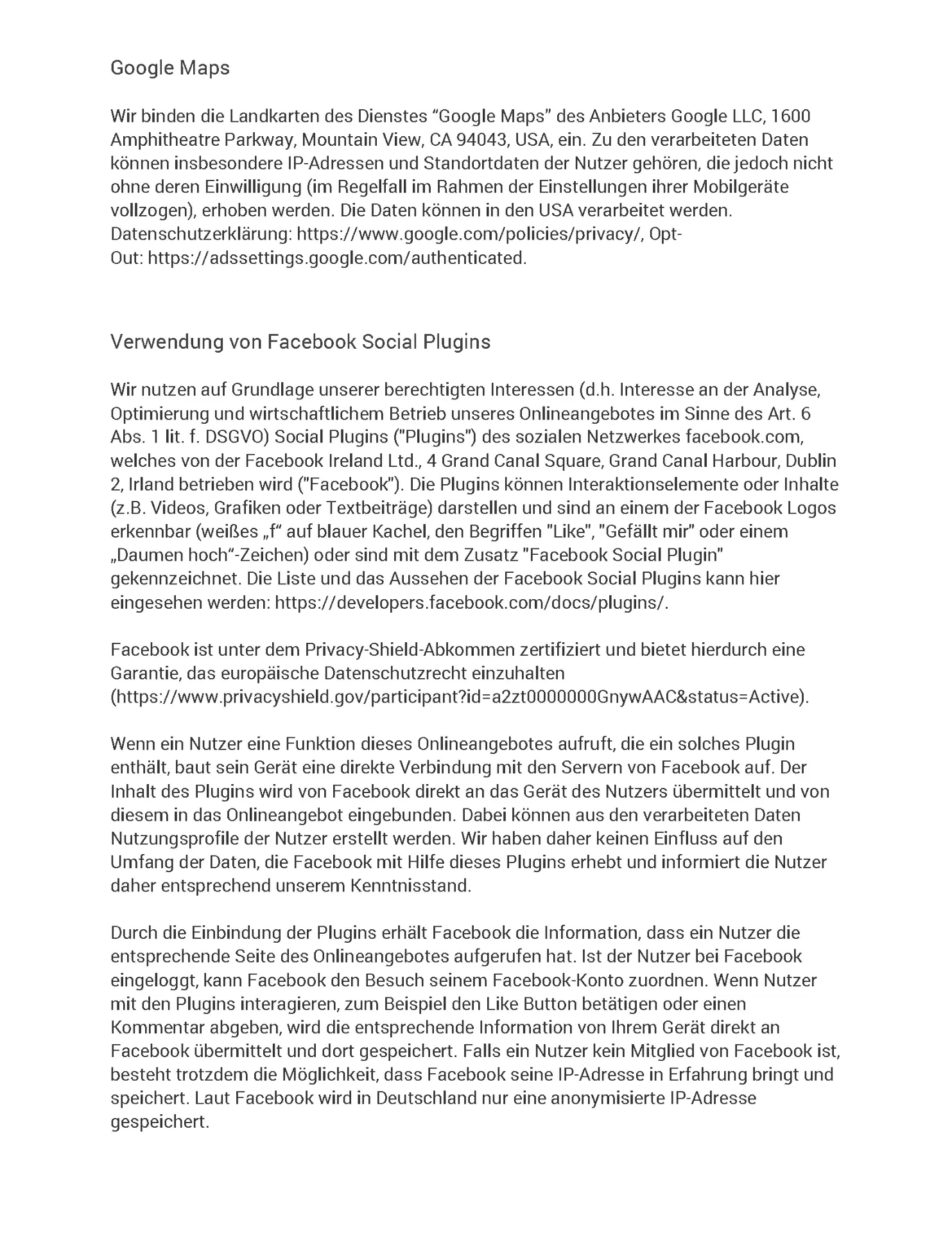 Datenschutzerklärung Seite 20 - Google Maps, Facebook Social Plugins