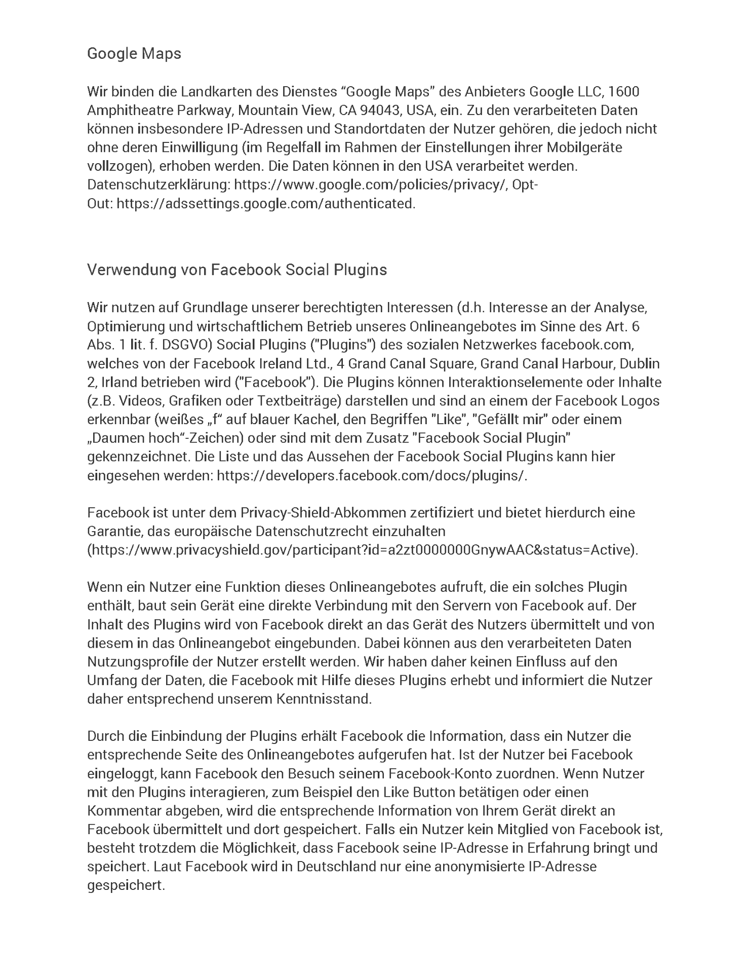 Datenschutzerklärung Seite 20 - Google Maps, Facebook Social Plugins