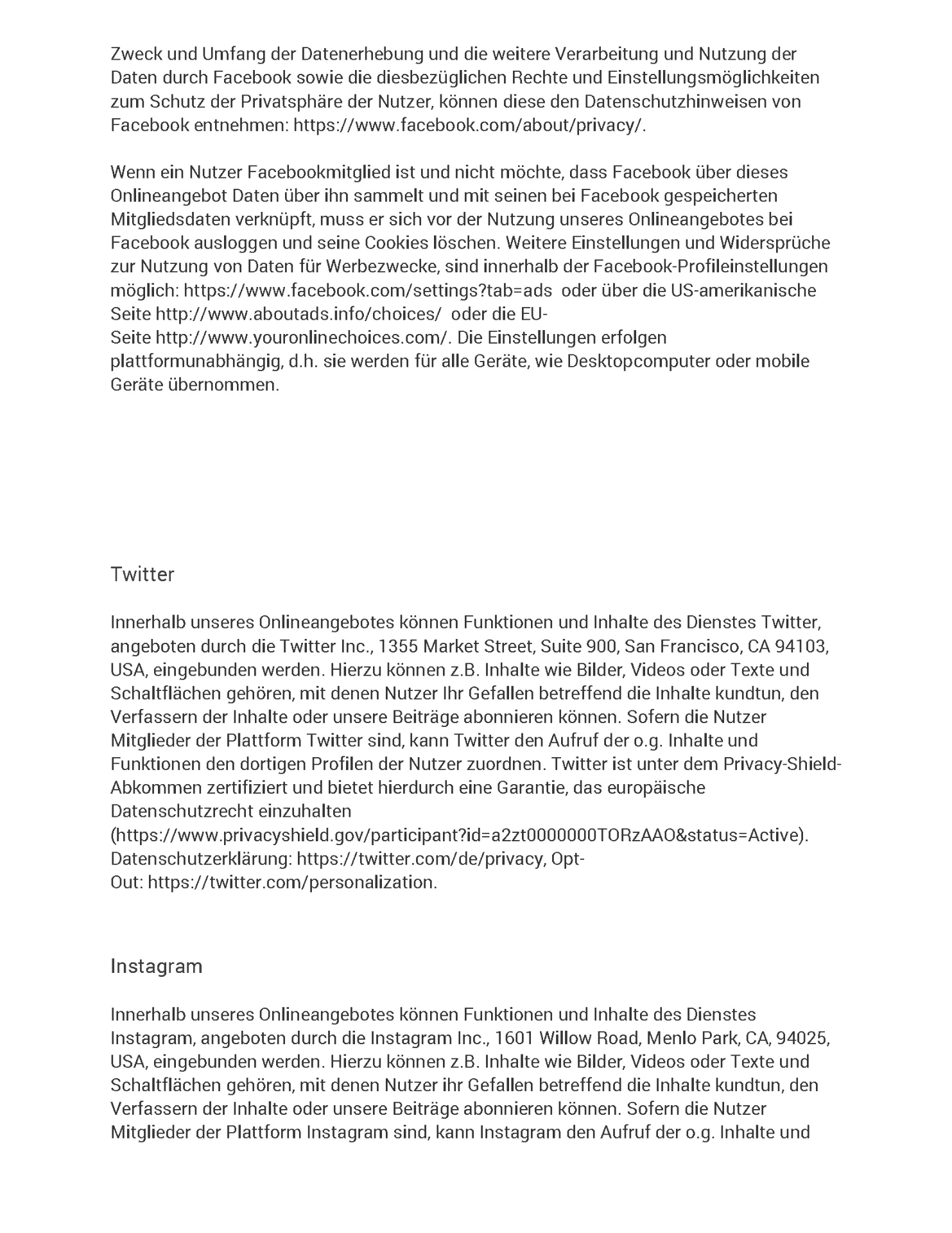 Datenschutzerklärung Seite 21 - Twitter, Instagram