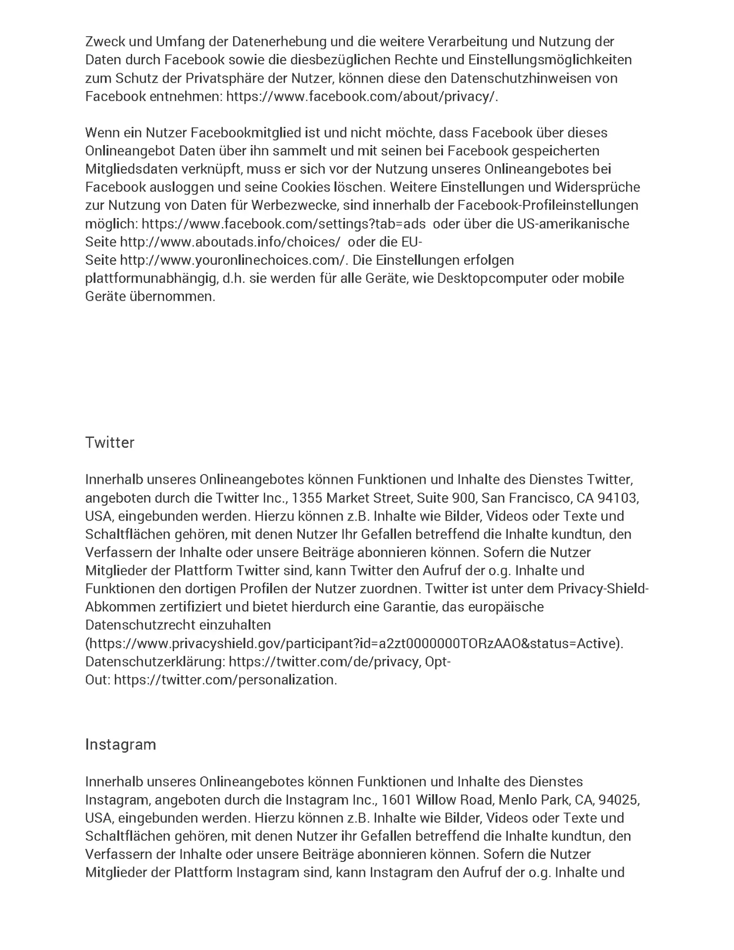 Datenschutzerklärung Seite 21 - Twitter, Instagram