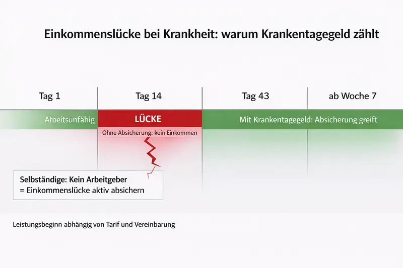 Grafik: Timeline zur Einkommenslücke bei Krankheit und Rolle von Krankentagegeld.
